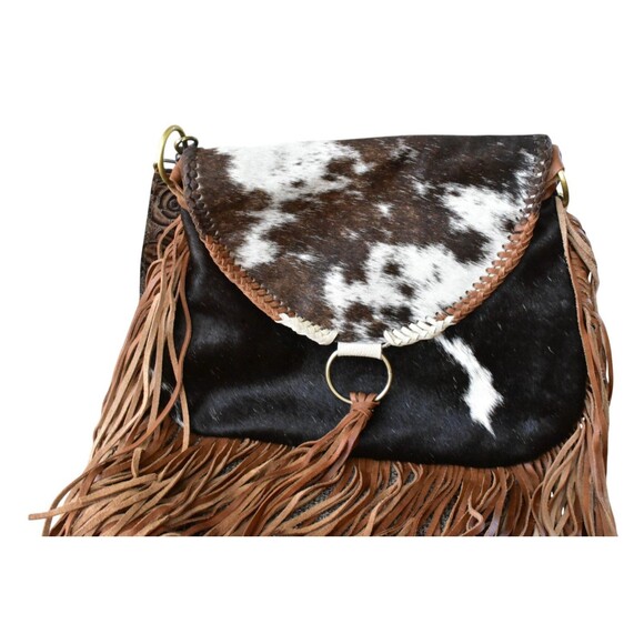 L3 Designs Custom Cowhide Crossbody Fringed Bag Leather Brown White Western - Picture 1 of 15